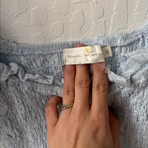 Beige Botany Blue Eyelet Smocked Crop Tie Shoulder Puff Sleeve Floral Blouse M - Picture 4 of 6